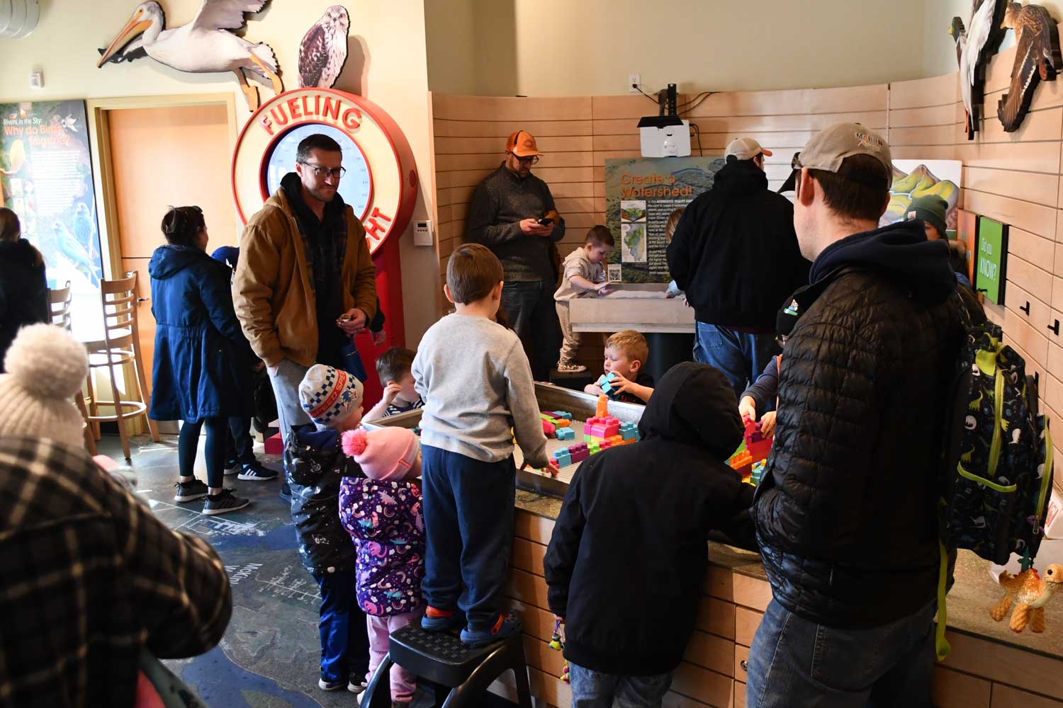 People using interactive exhibits inside a nature center.