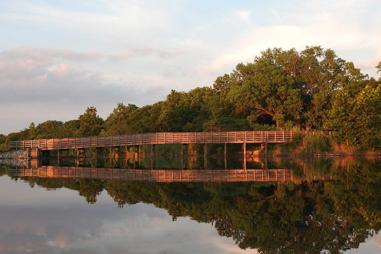 A wooden bridge reflected in the still water of a lake with trees in the background.