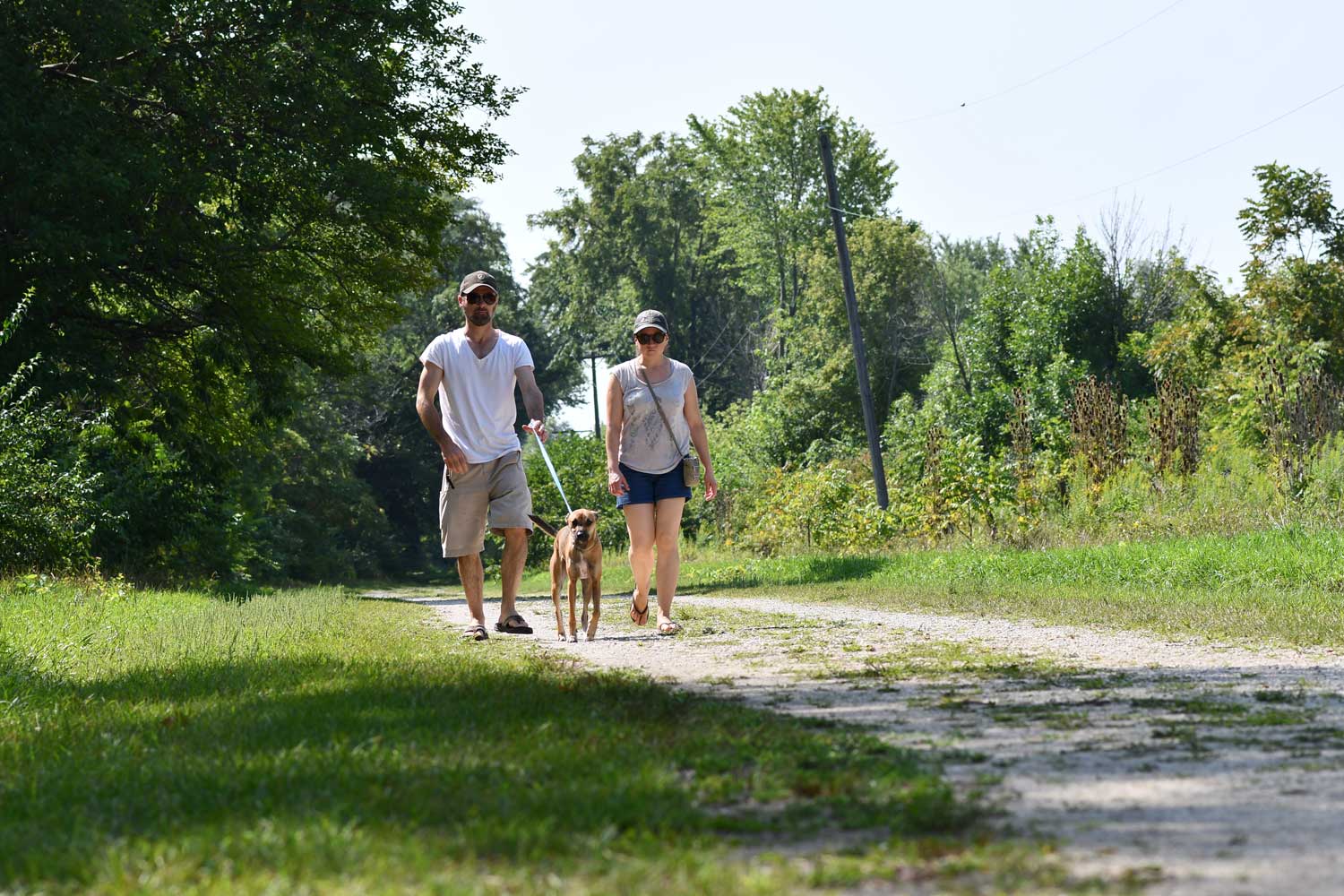 Two people walking their dog on a crushed limestone trail.