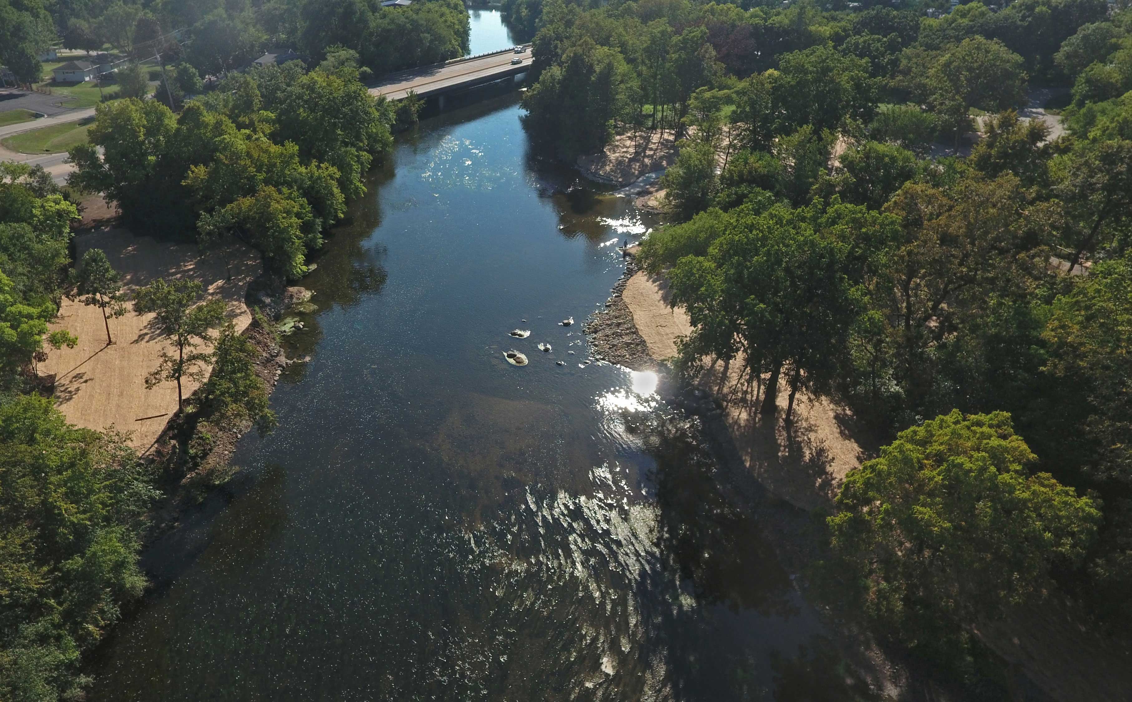 An aerial view of the area where the dam once sat. 