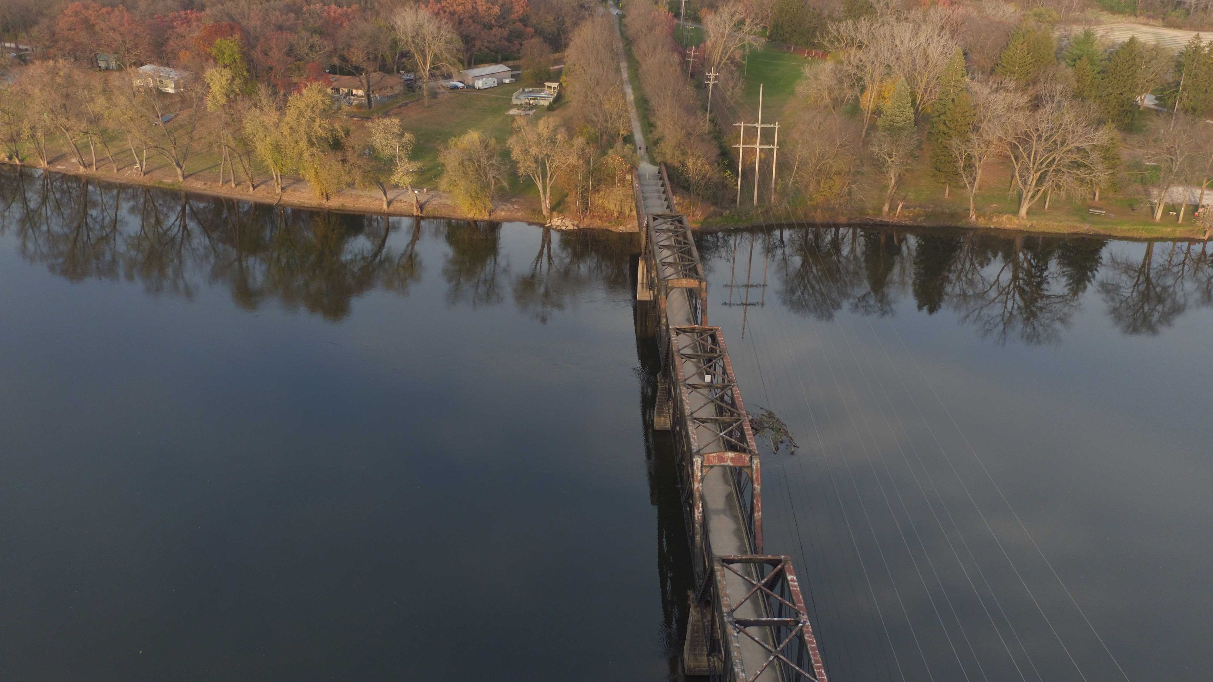 An aerial view of the bridge along the Wauponsee Glacial Trail.