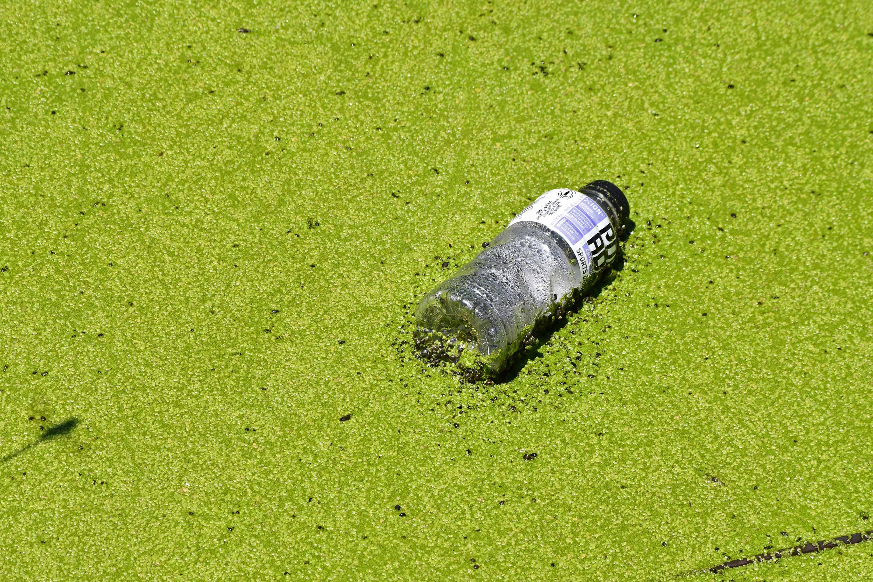 A plastic bottle in water.