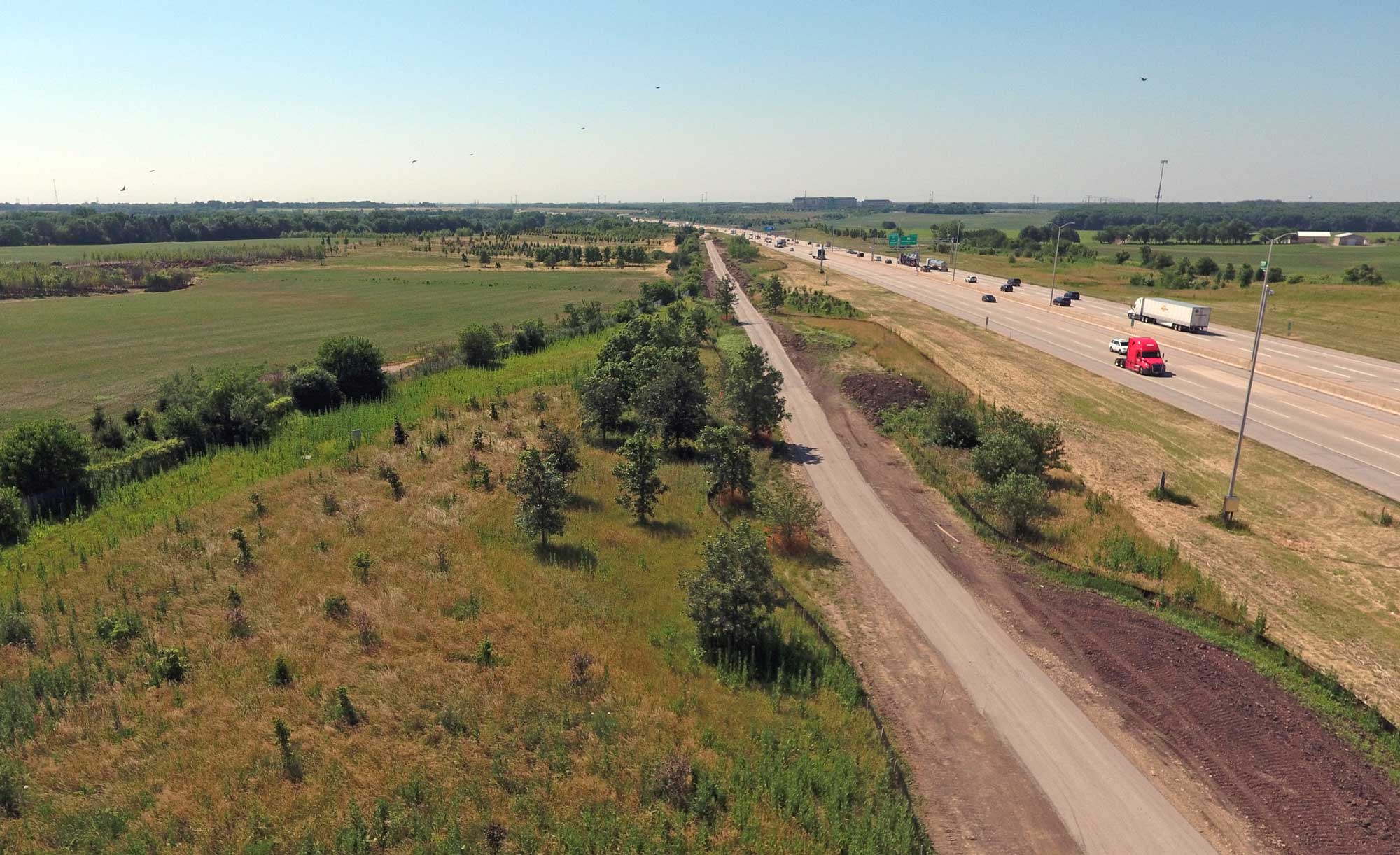 An aerial view of a recent trail extension of Veterans Memorial Trail