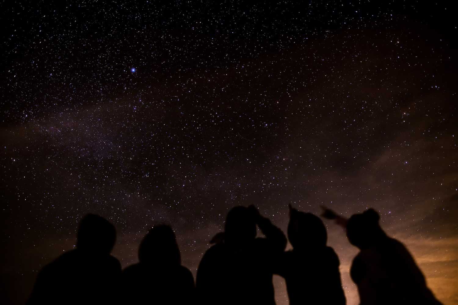A group of five people looking up and pointing at the starry night sky.