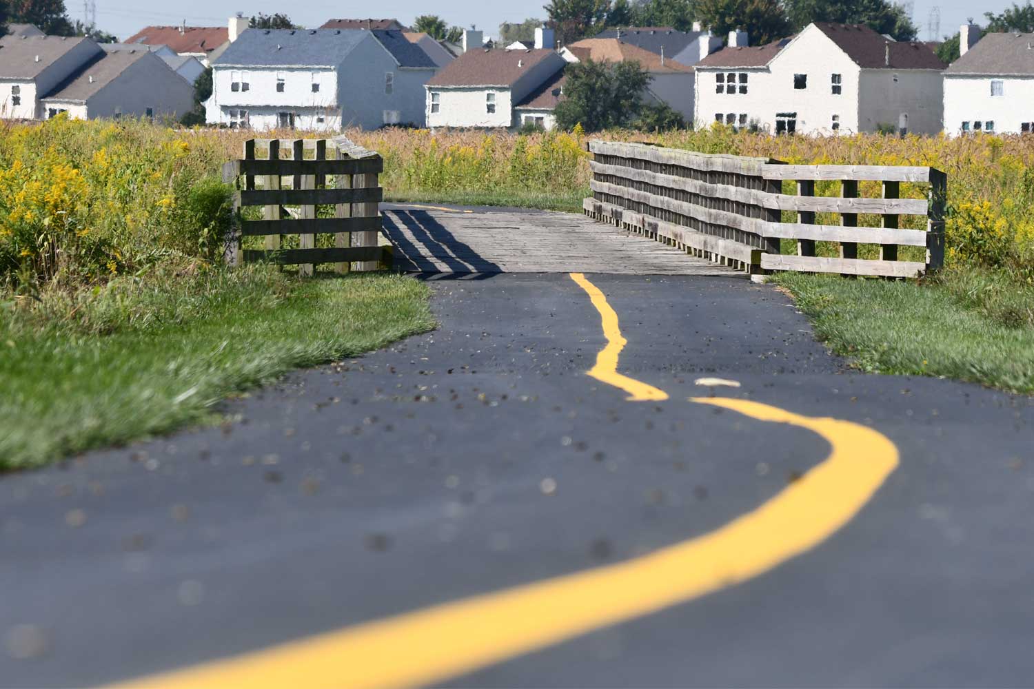 Paved trail leading up to bridge.