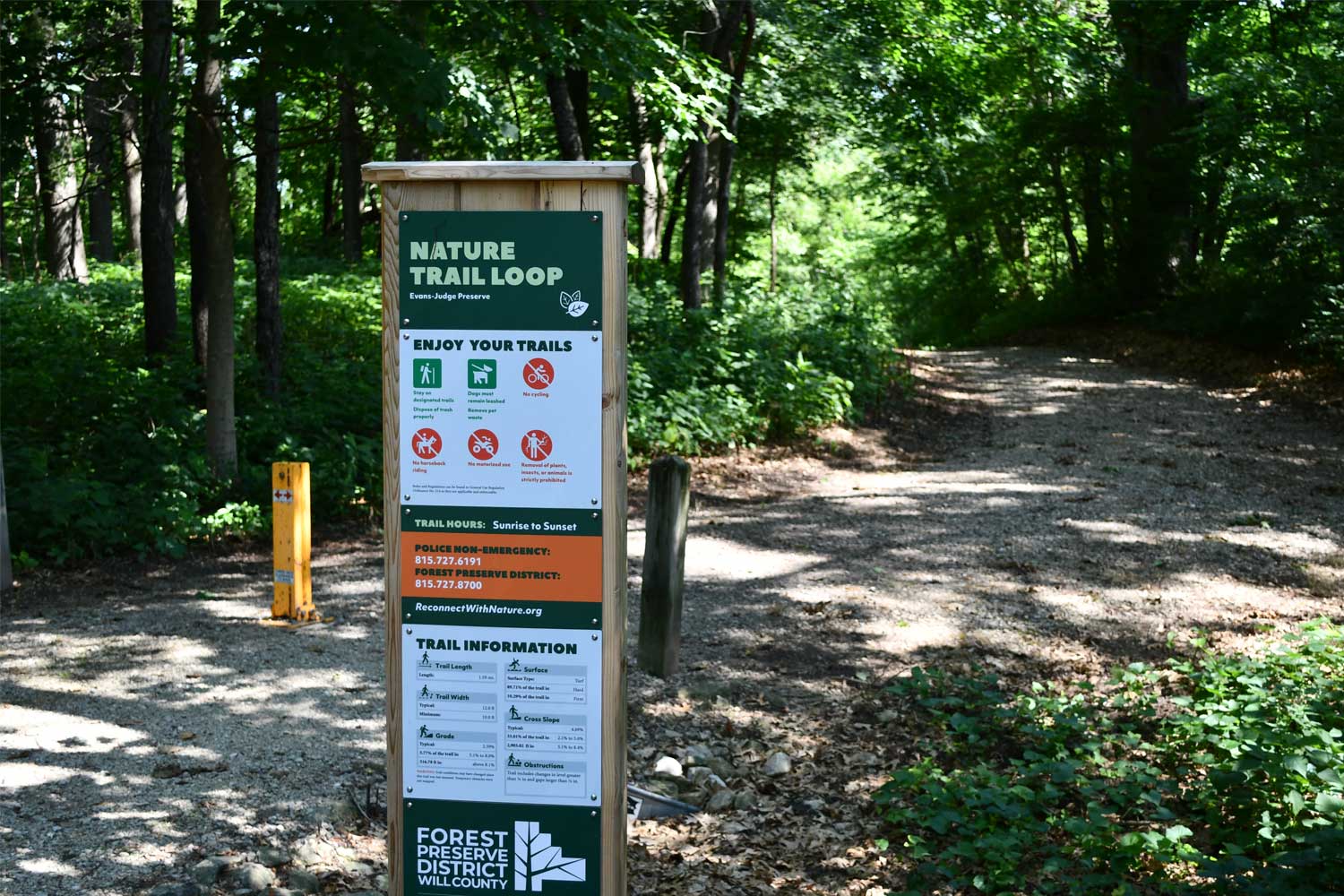 Trail sign in front of a gravel trail.