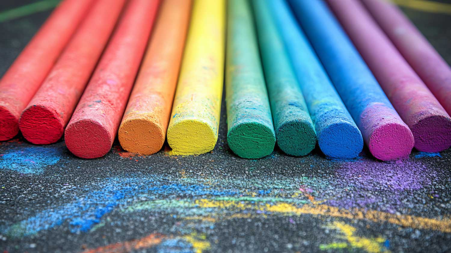A rainbow of sidewalk chalk lined up on pavement.
