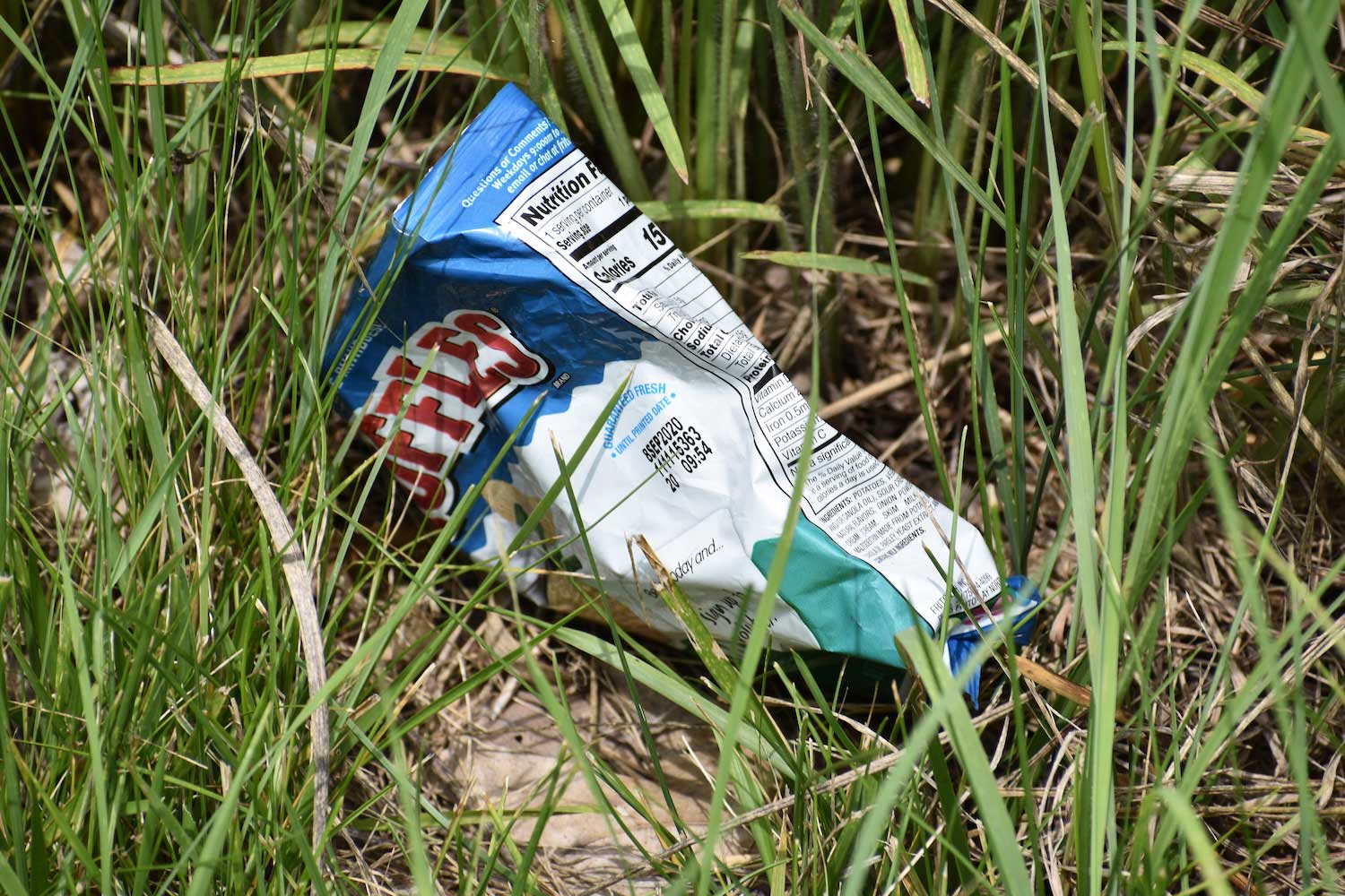 An empty potato chip bag littered in the grass.