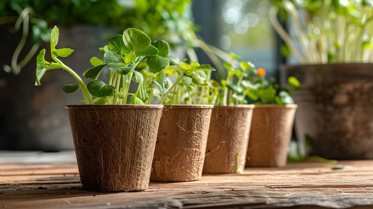 A row of plants growing in seed-starting pots.