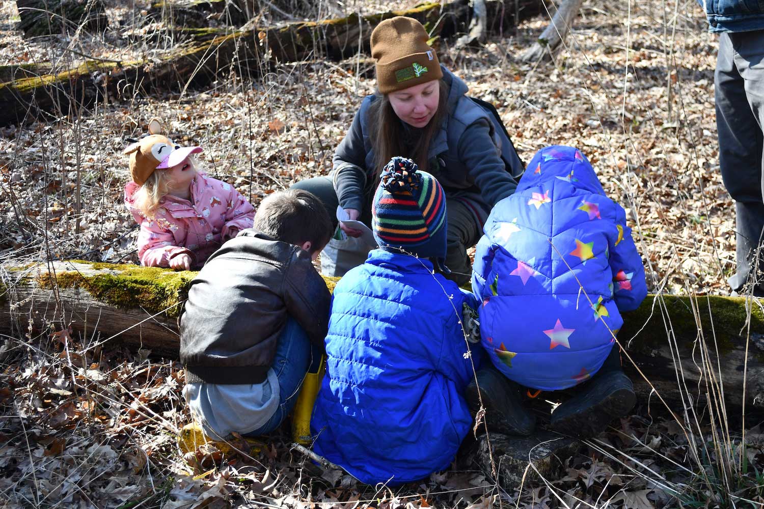 A group of four kids and an adult squatting down around a fallen log in the forest.