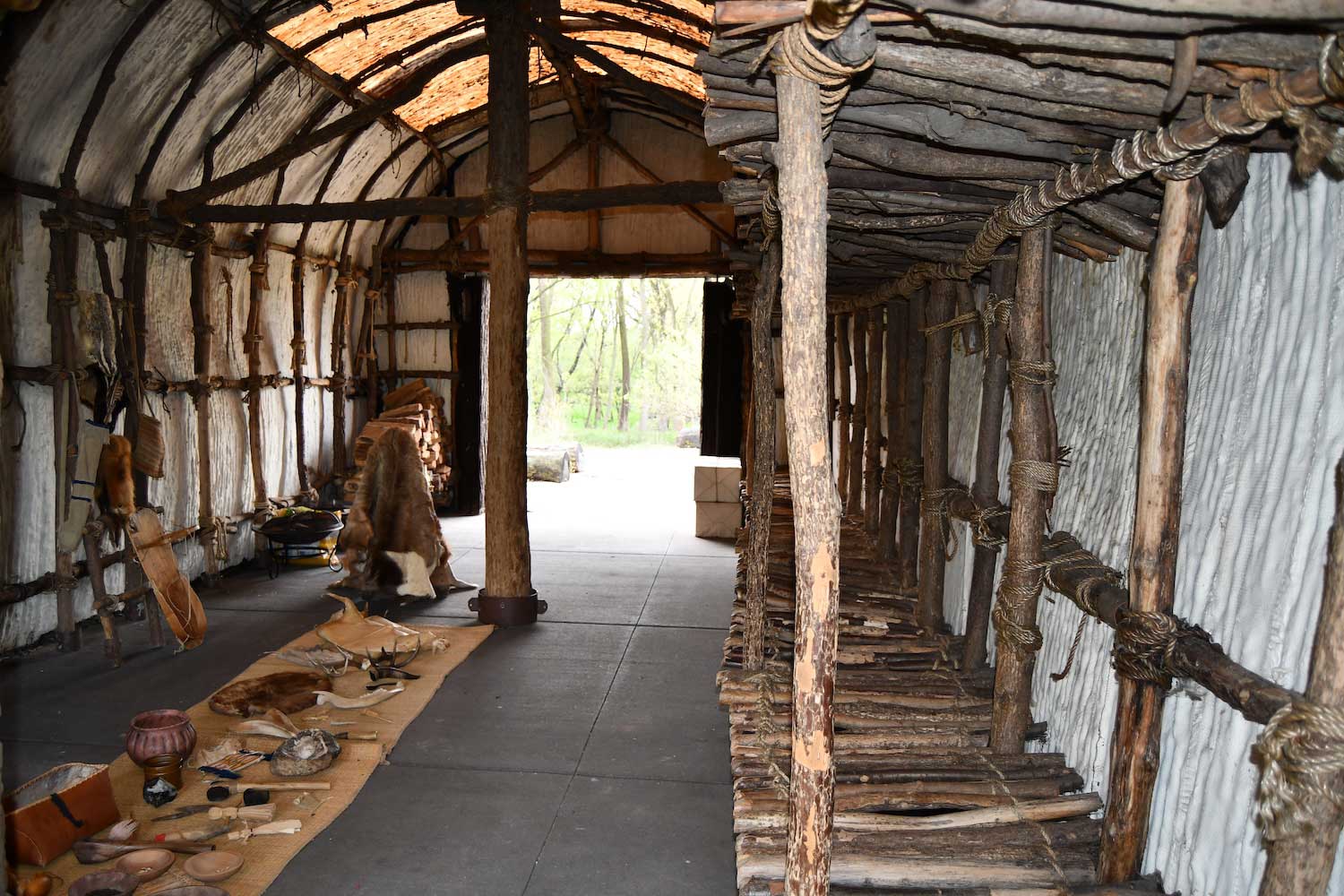 The interior of a replica longhouse.