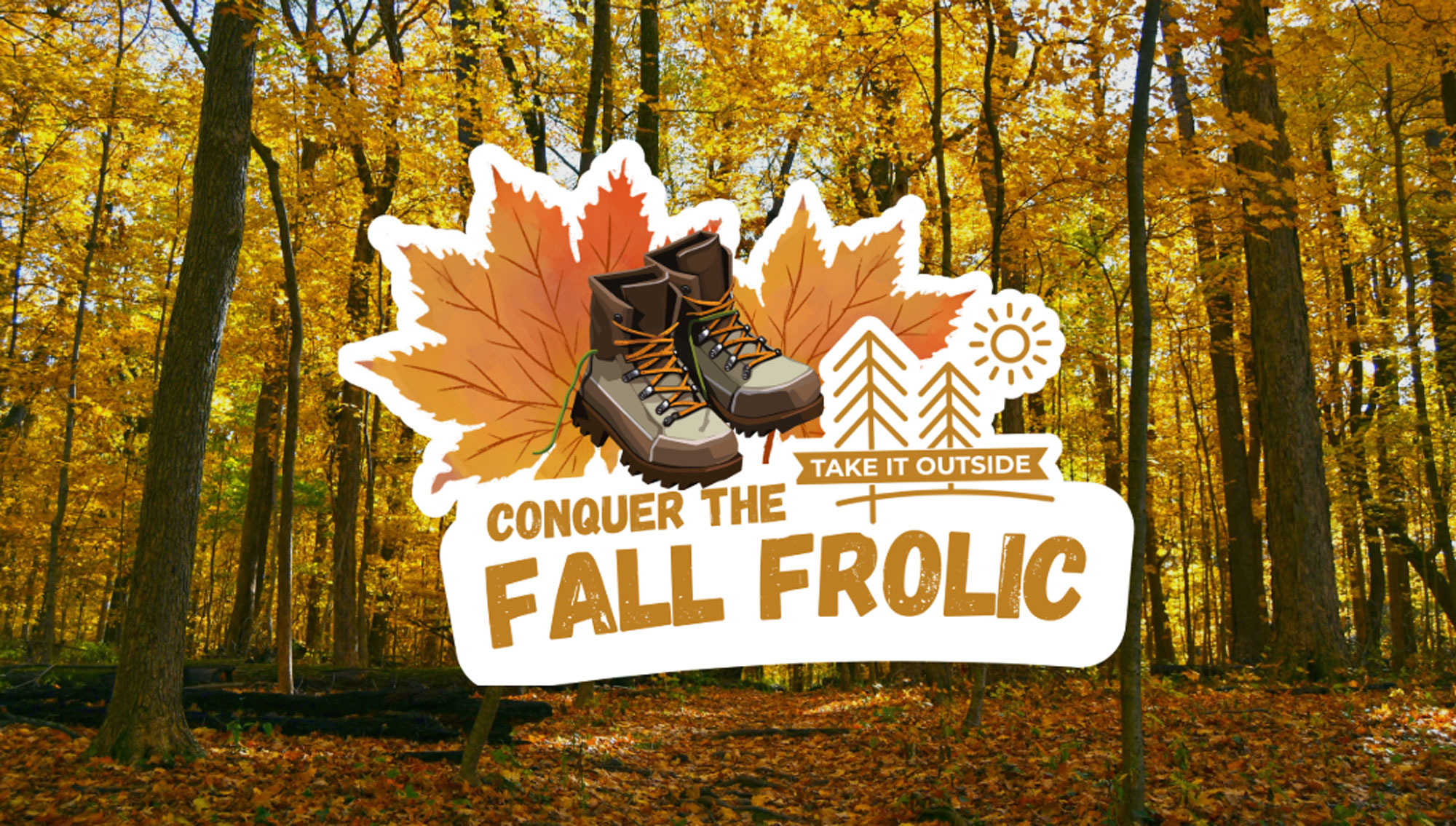 Fall scenery showing the fall frolic logo