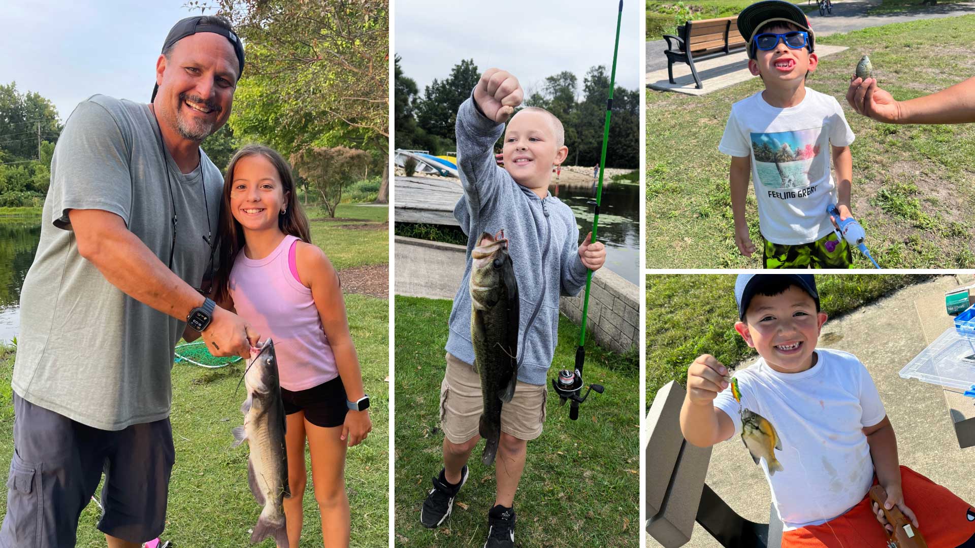 Collage of photos of people showing fish they caught.