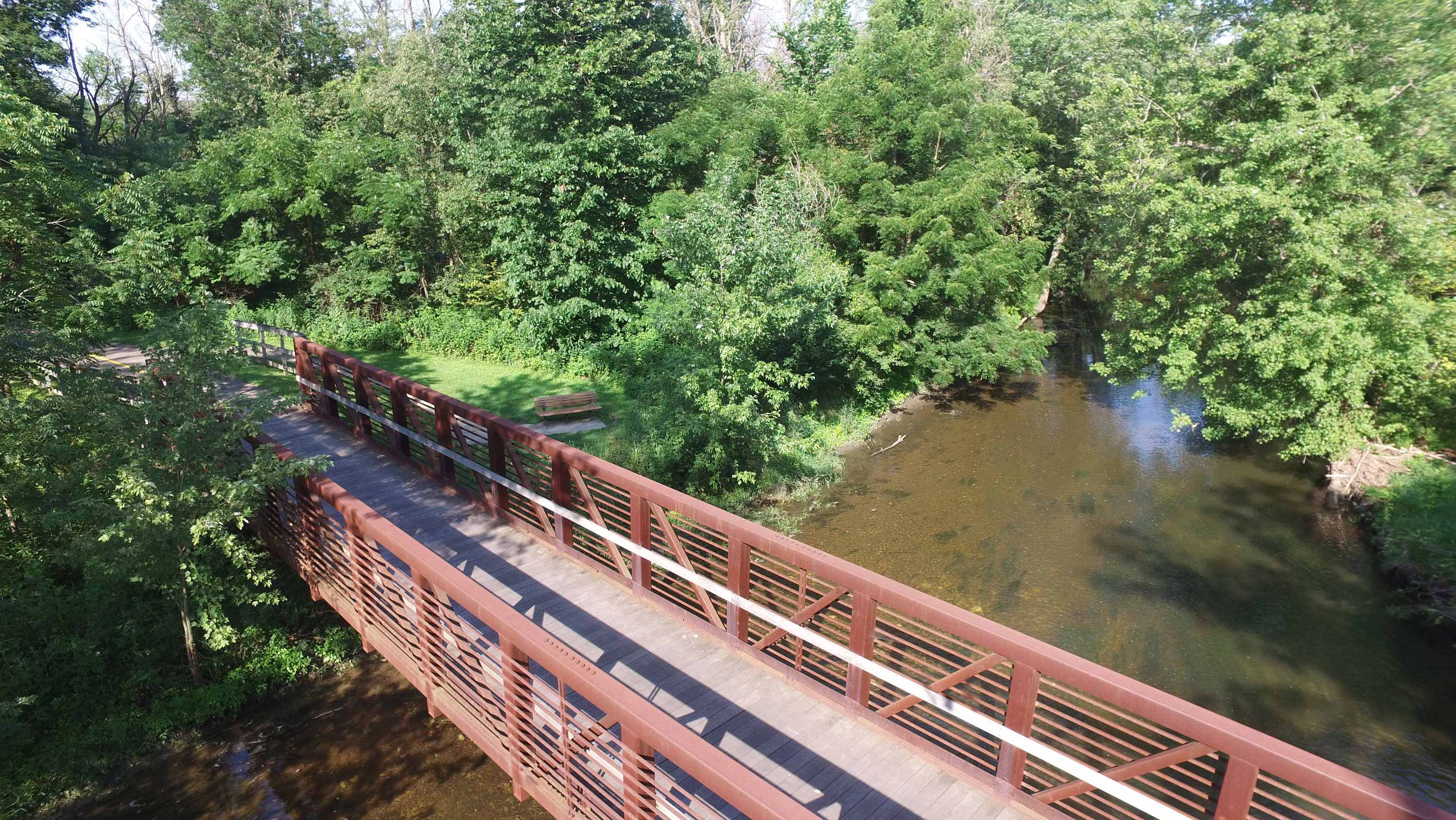 Aerial view of a bridge at Hickory Creek Preserve.