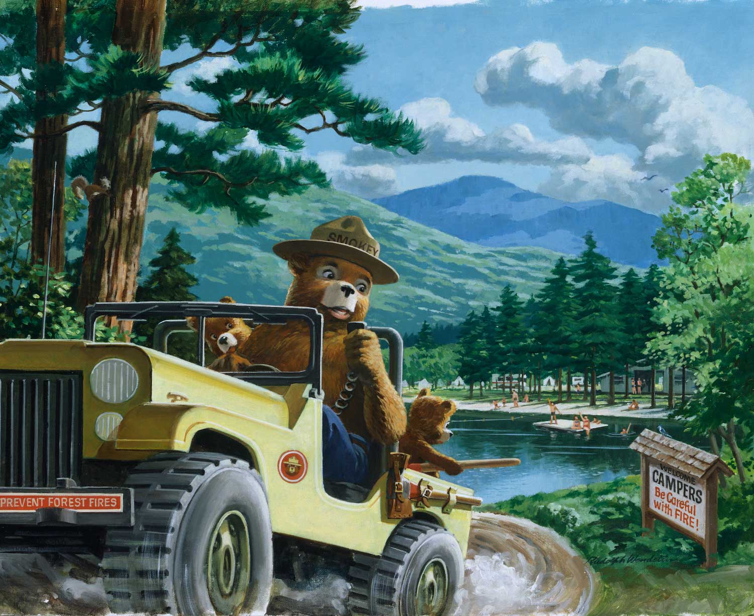 A painting depicted Smokey Bear riding in an open-air jeep-style vehicle up hilly terrain with mountains in the background.