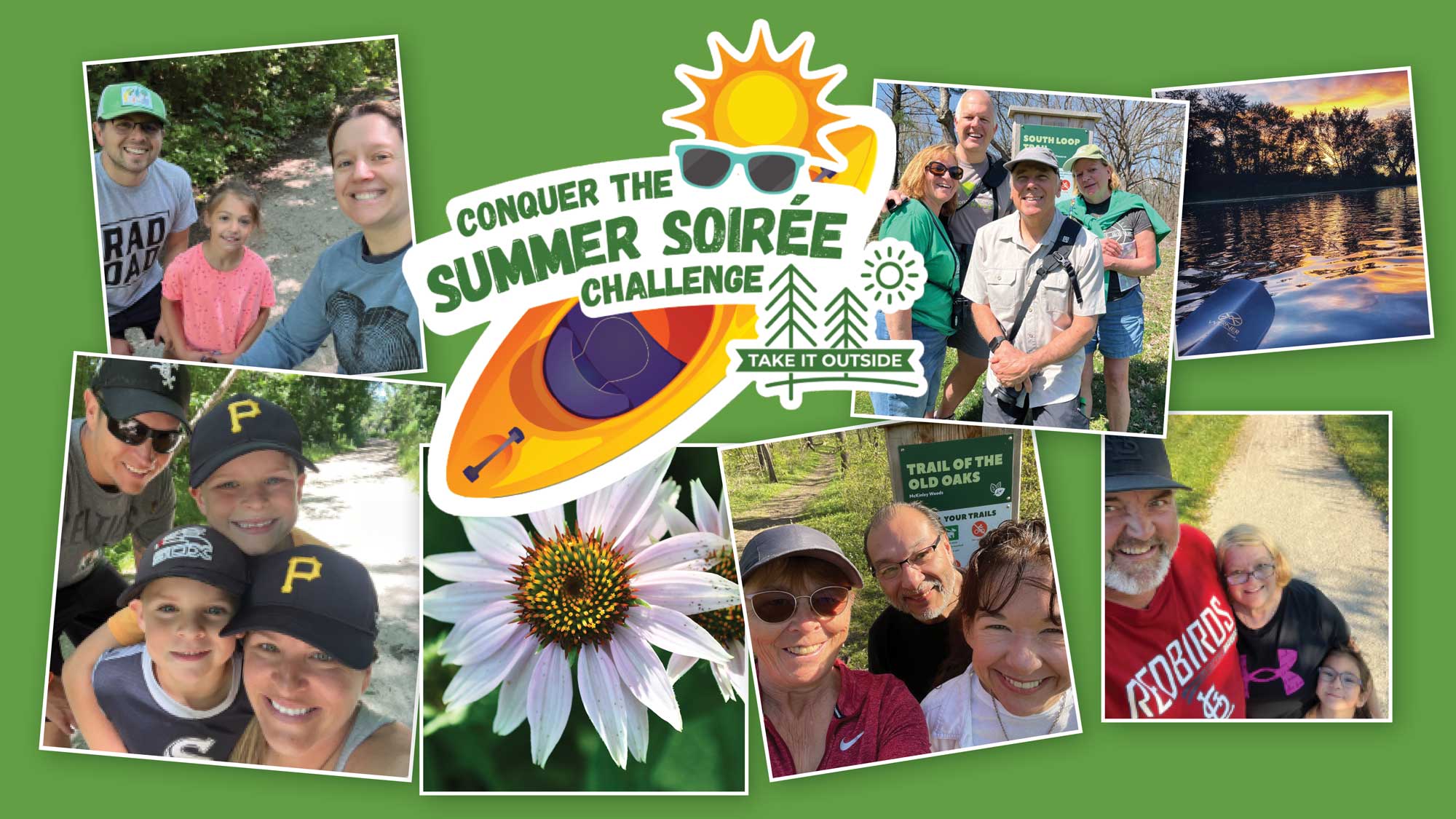 Image showing logo for Take It Outside challenge on green background with selfies of participants