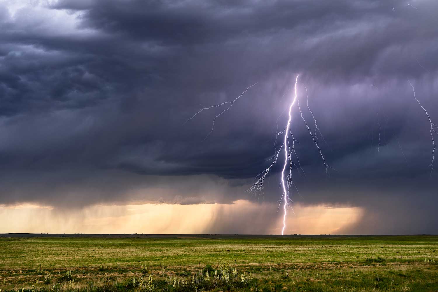 A bolt of lightning striking the ground in the distance.
