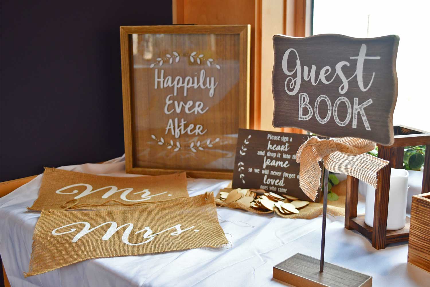 Wedding decor set up on a table.