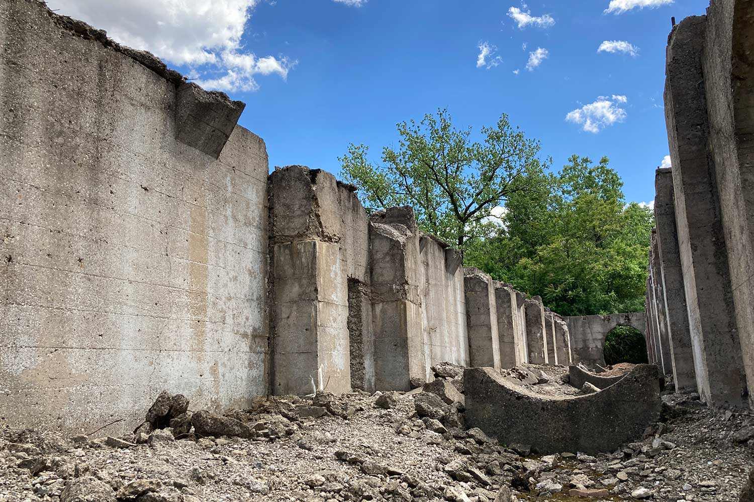 The remains of concrete walls at the site on an old steel mill.