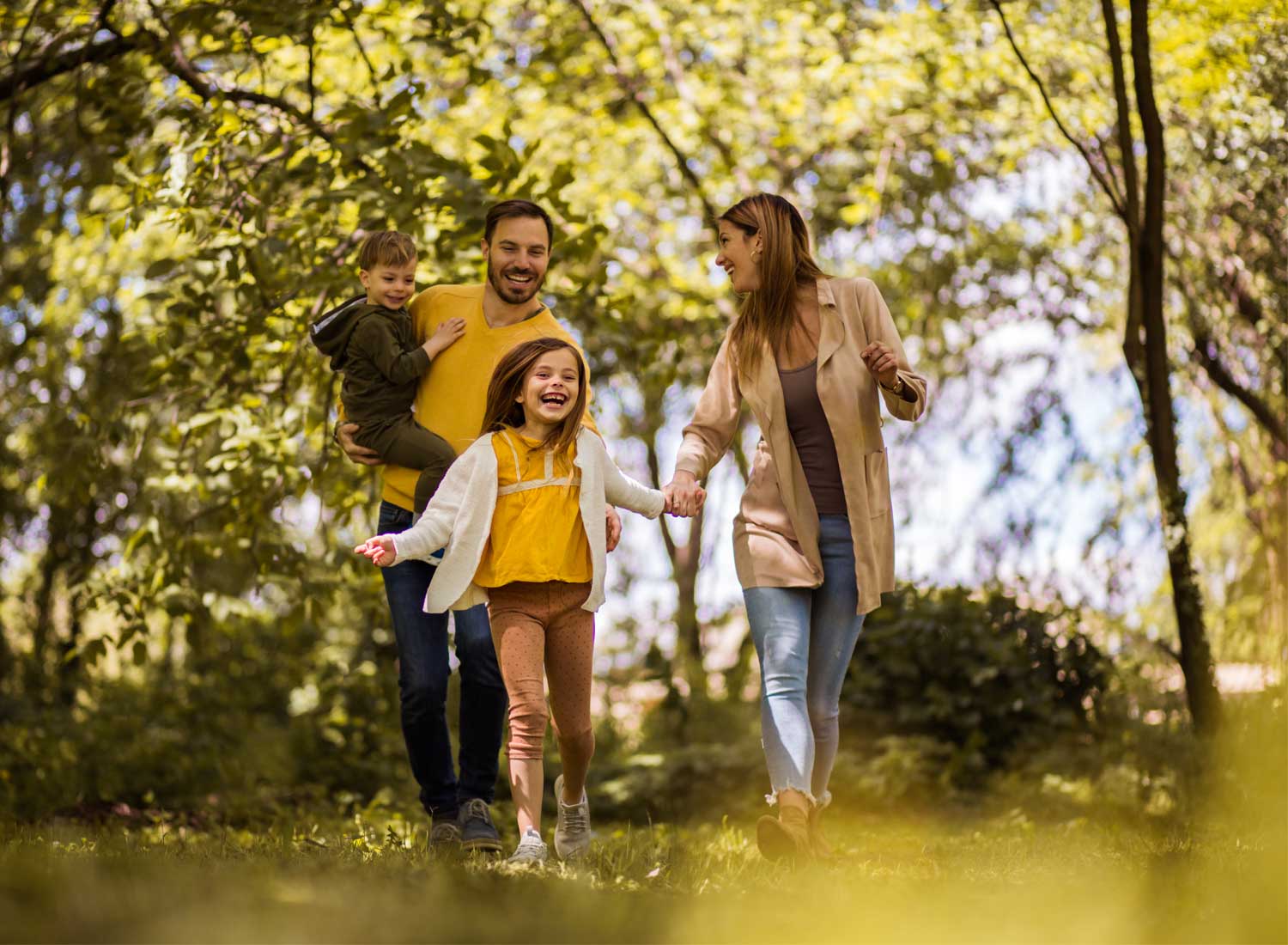 A family hiking outside