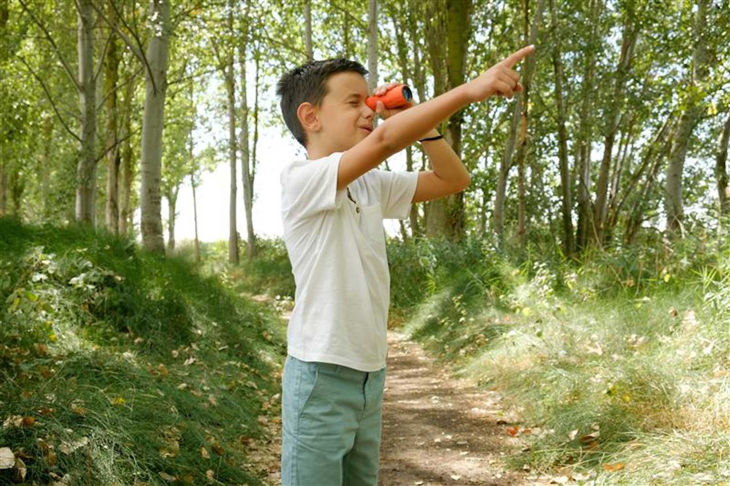 A child pointing and looking through a viewing scope while standing on a dirt trail in a forest.