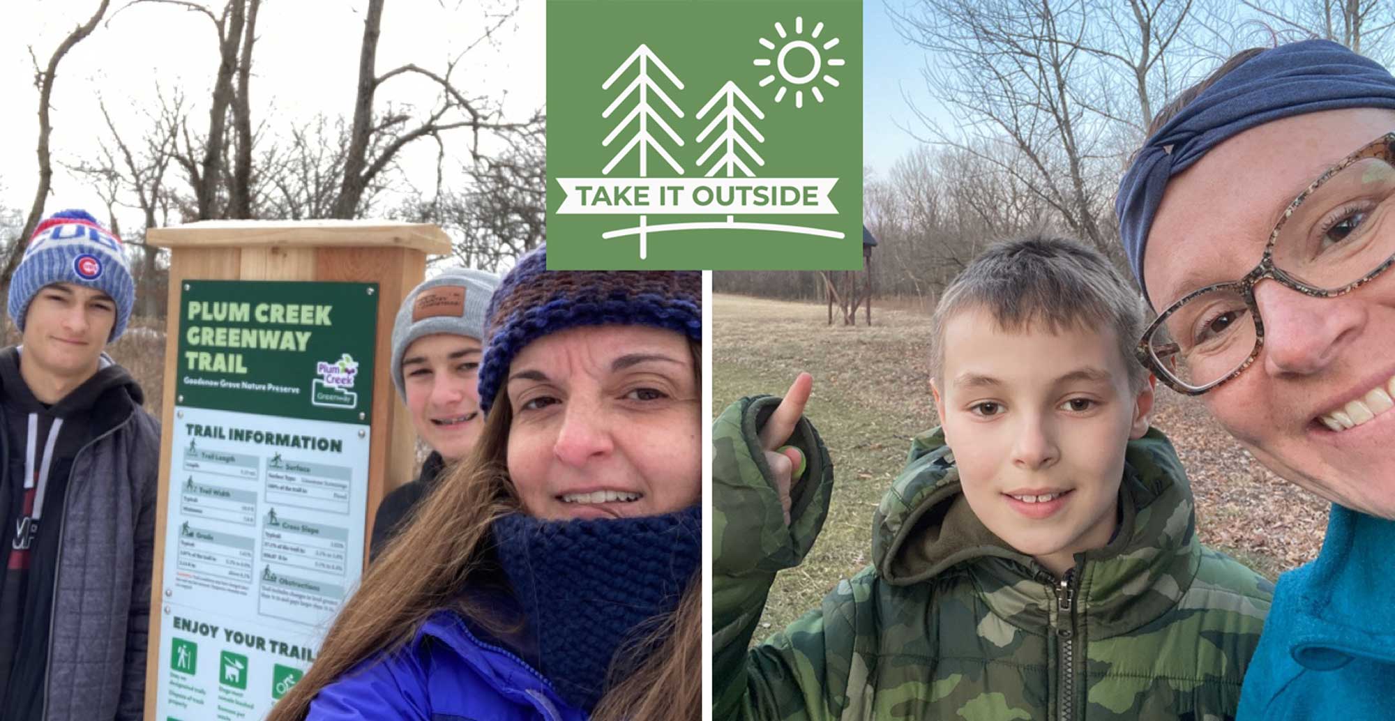 The Bartling family (left) and Black family are enjoying exploring the preserves as part of the Take It Outside Challenge. 