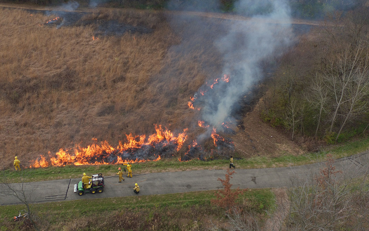 An aerial view of a controlled burn.