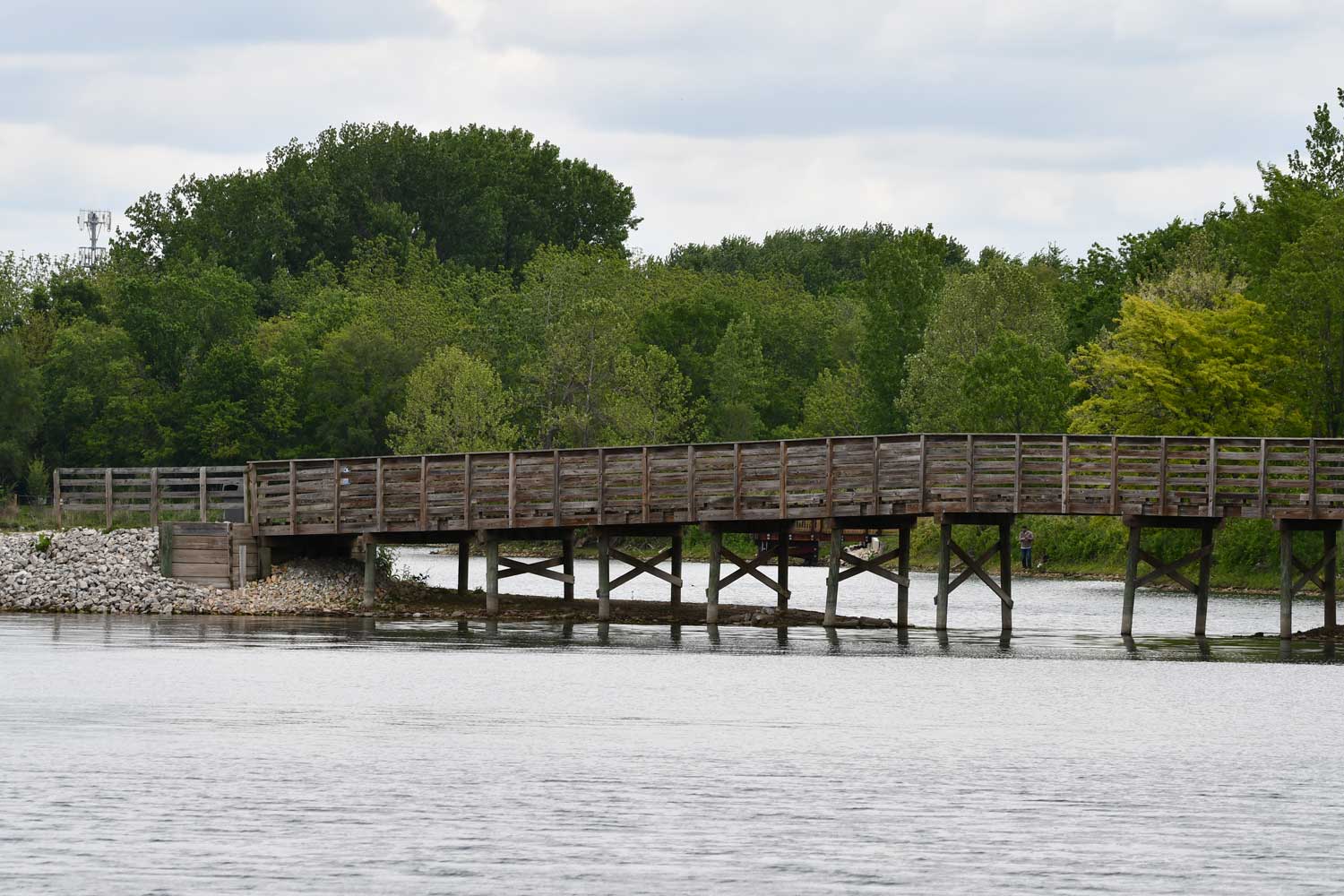 Pedestrian bridge over water with trees in the background.