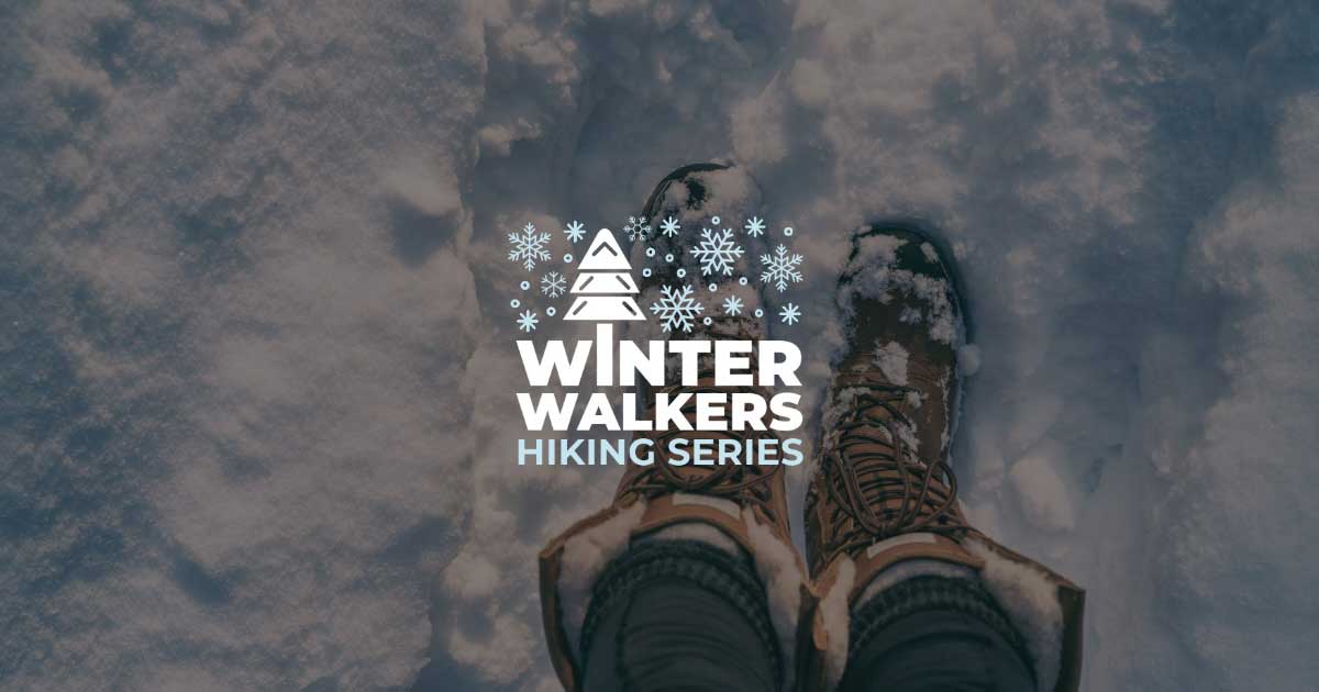 A closeup of winter boots on the snowy ground with trees in the background.